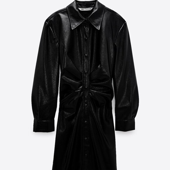 NWOT Zara black faux leather gathered waist button-up collared shirt dress, S - Picture 9 of 12